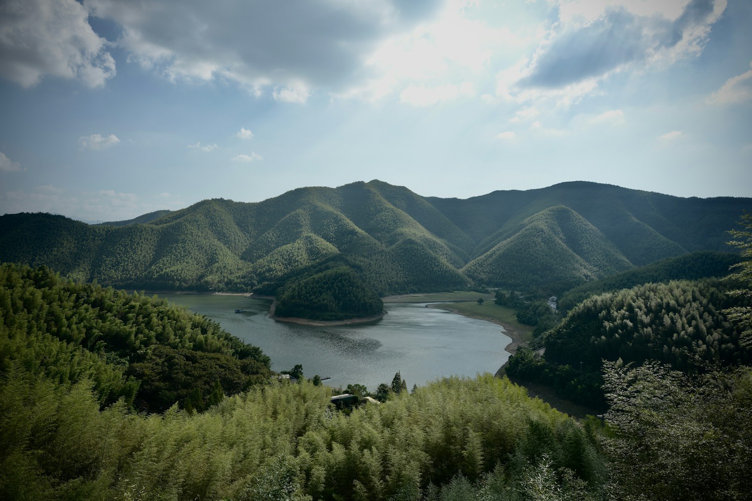 杭州群山环抱的湖面与森林